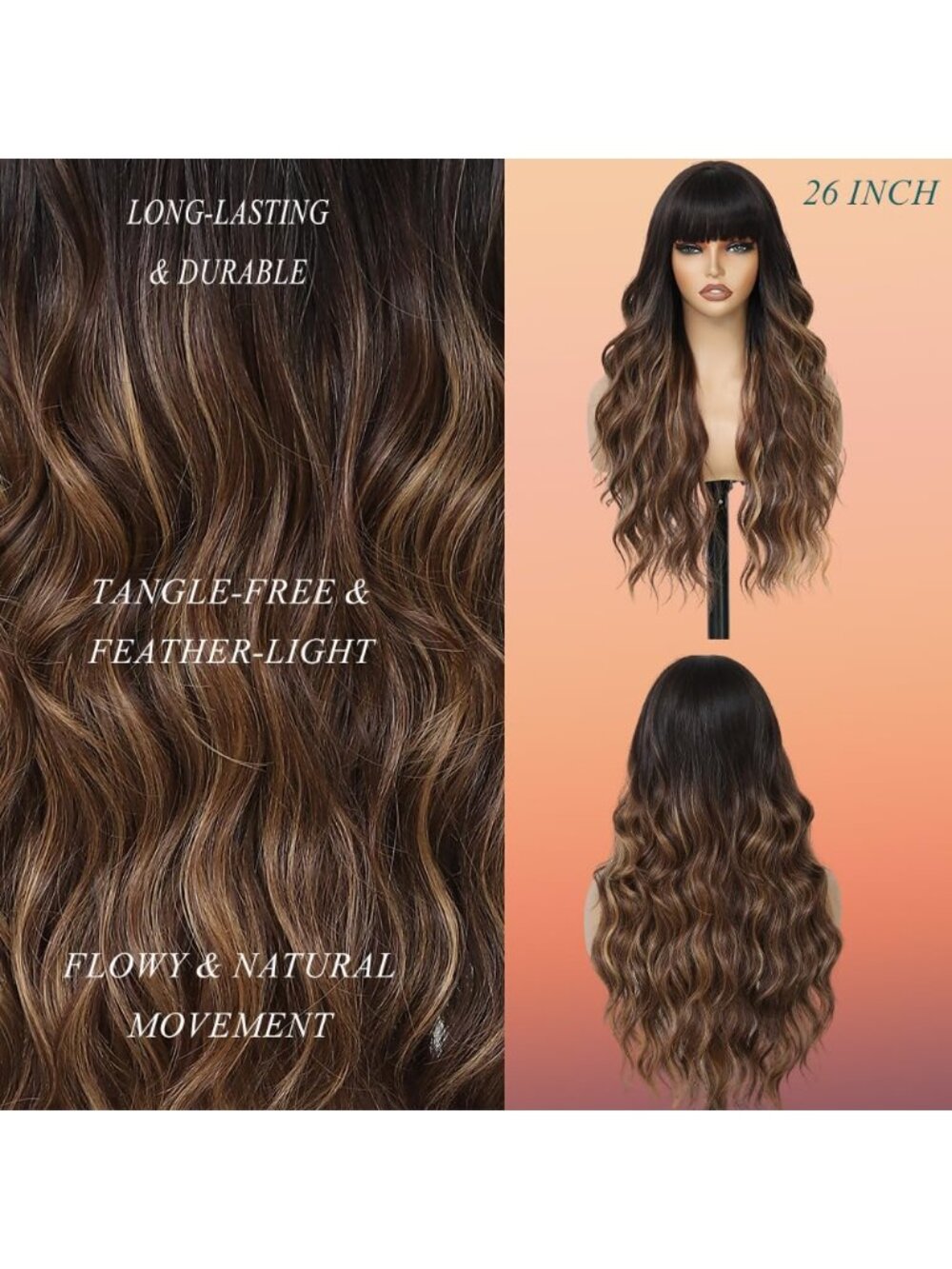 26 Inch Women's Ombre Brown Soft Layered Wavy Curly Hair Wig with Natural Shine - Picture 4 of 7